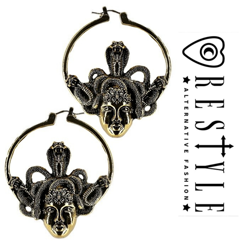 Medusa Hoop Earrings in Gothic Antique Gold Color